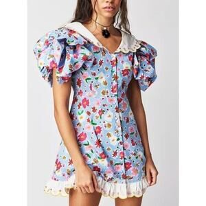 CELIAB Celia B Sz XS Moonstone Dress Blue Floral Mini Short Puff Sleeve NWT